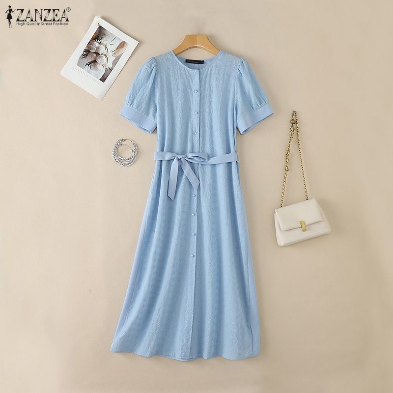 ZANZEA Summer Women Short Sleeve Front Lace Splicing Casual Long Maix Dress
