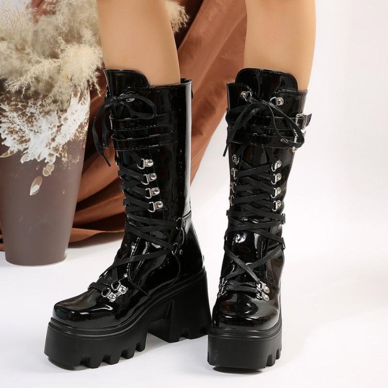 Women's boots autumn and winter new rivet buckle belt thick heel medium boots children's punk knight boots women