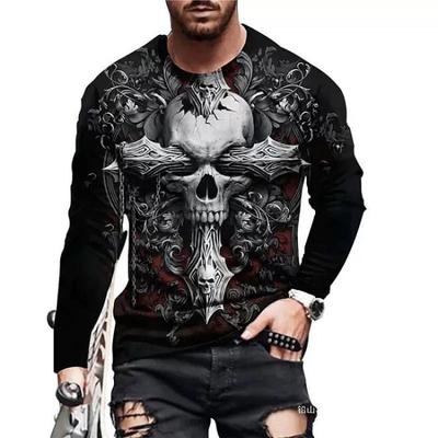 New 3D Skull Printed Street Trendy Loose Casual Men's Round Neck Long Sleeve T-shirt