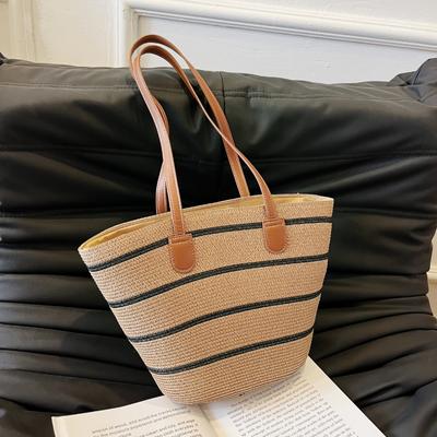 Bolso de playa de paja tejida para mujer  gran capacidad  rayado  artículo único  versátil  a la moda  verano  nuevo