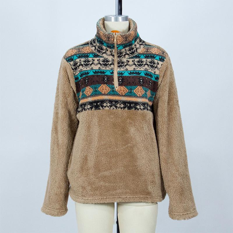 Plush Long-sleeved Sweatshirt Women's Loose Pullover Stand Collar Pocket Half Zip Top