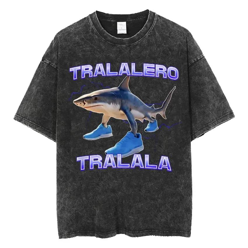 Shark Funny Reptile Gag T-shirt Men's and Women's Hip-hop Fashion Retro Washed Vintage T-shirt Casual Loose T-shirt