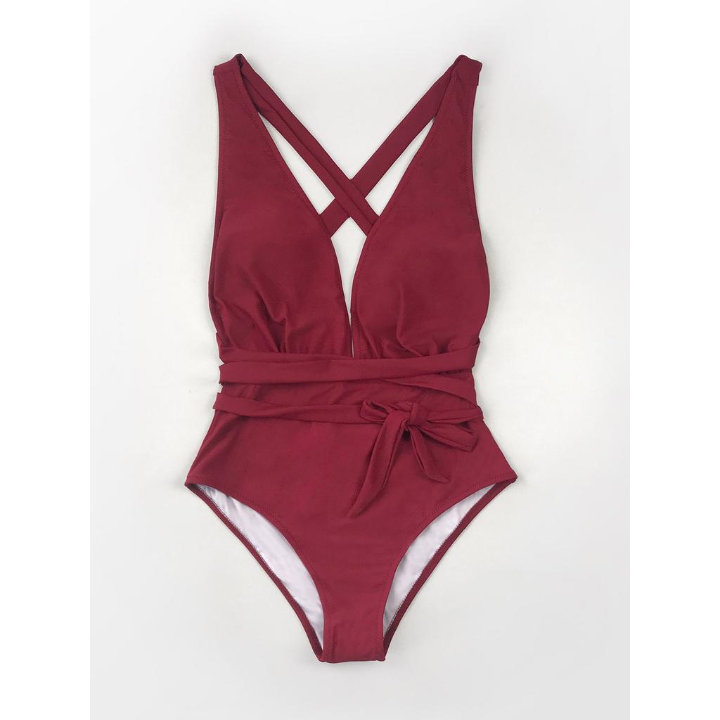 Damenmode Lässiger roter einteiliger Badeanzug mit tiefem V-Ausschnitt und Riemen
