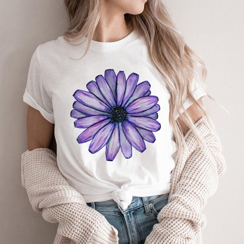 Women Tshirt Cartoon Purple Flower Floral 2025 Summer Spring T Shirt Female Clothes Graphic 90S Aesthetic Kawaii Tee Tops Lady