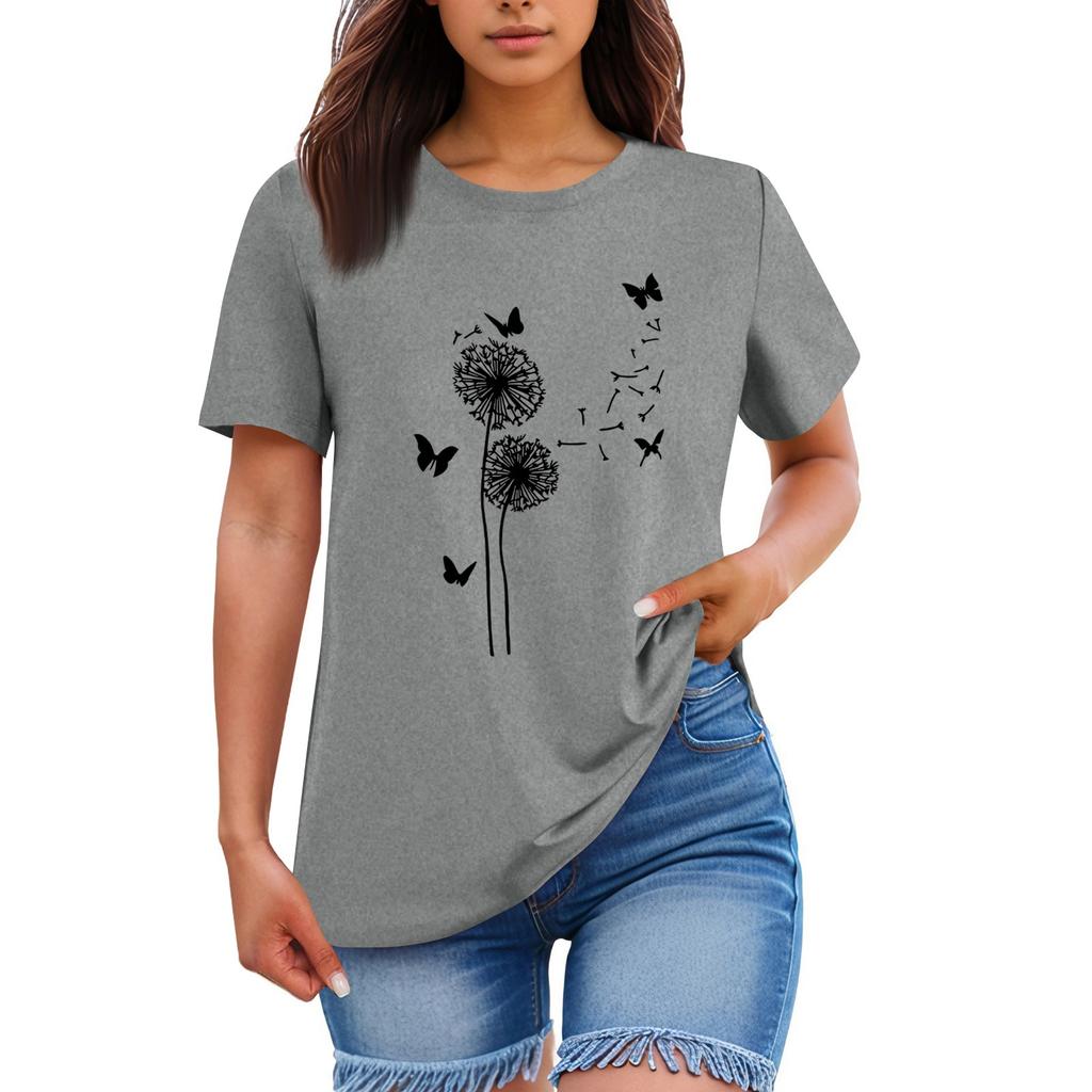 Ladies' Loose Comfortable Casual Fashionable Plant Flower Printed Round Neck Short Sleeved Shirt