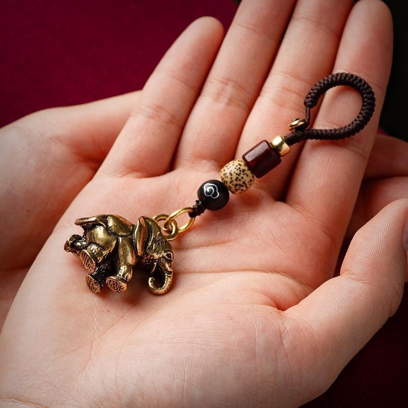 Brass Elephant Keychain Pendant with Decorative Beads and Cloud Pattern Cord Durable Metal Charm for Car Keys Accessories