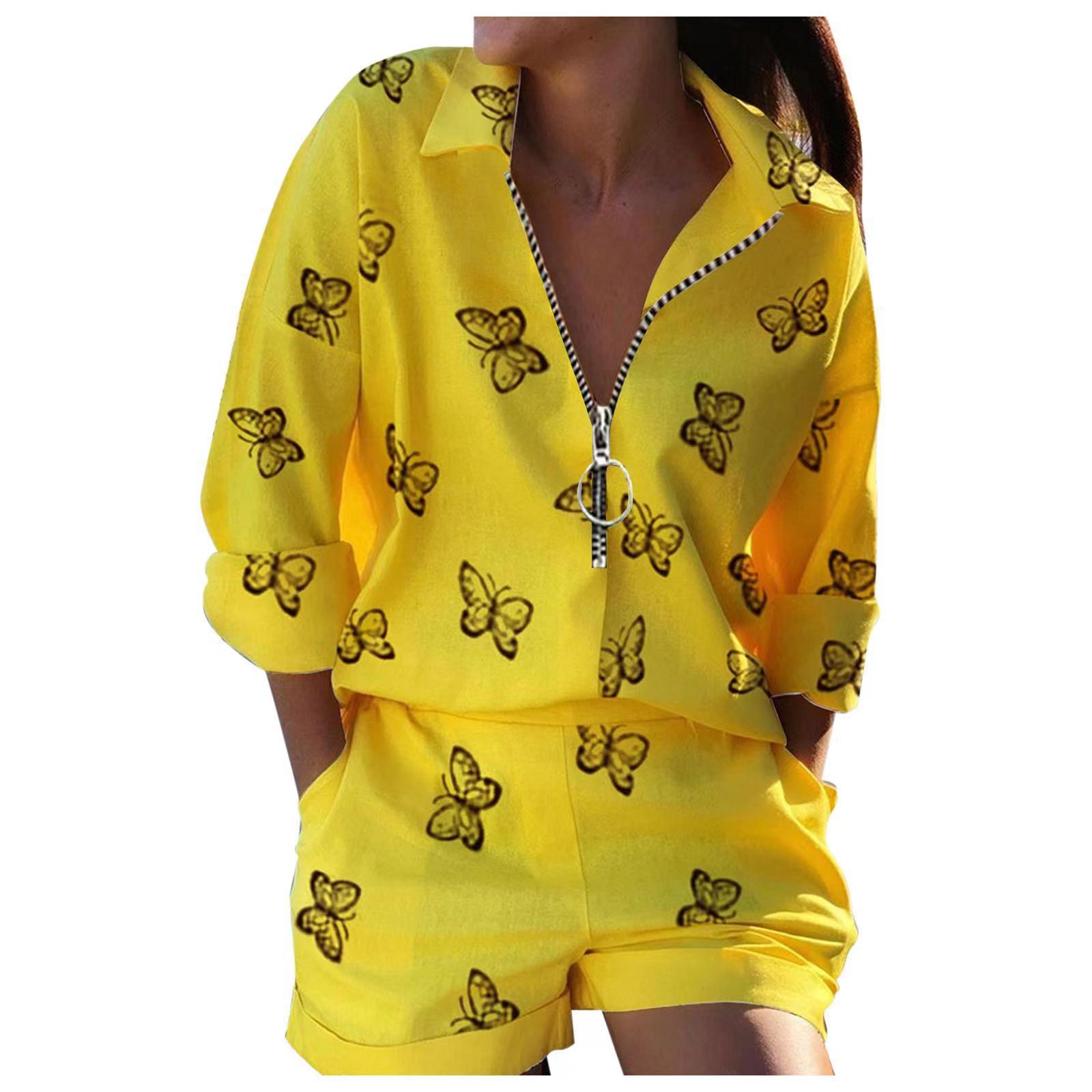 Women s Set Summer Long-sleeved Lapel Printed Zipper Shirt Shorts Two-piece Set Clothes Sale S