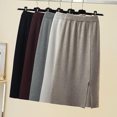 DX~~ Autumn and Winter New Solid Color High Waist Slim Medium-long Knitted Skirt with Hip Split Skirt Commuter Skirt
