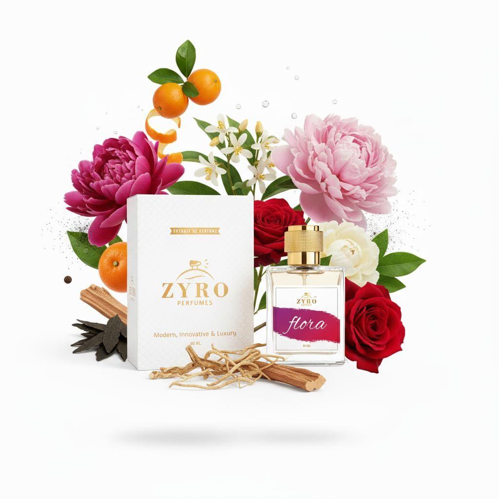 ZYRO Flora Extrait de Parfum for Women | 33% Fragrance Oil | Long Lasting Floral Scent with Pear Rose and Patchouli 50ML