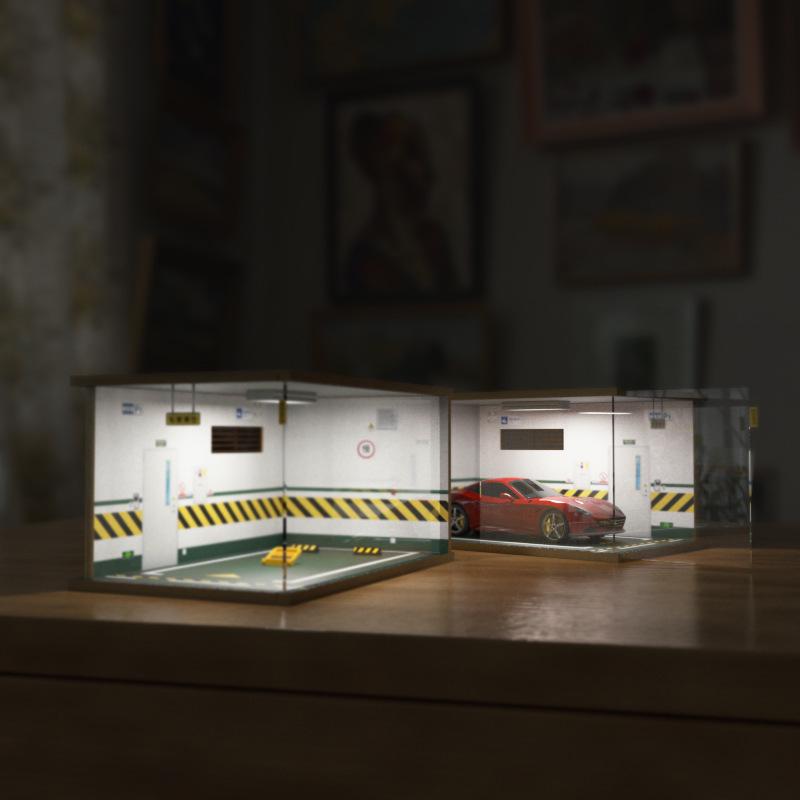1:18 Scale Wooden Parking Garage Model with Dust Cover - DIY Scene for Adults