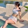 Knitted Hollow New Hot Spring Swimsuit, Thin and Pure Student Skirt-style Split Swimsuit Hanging Neck