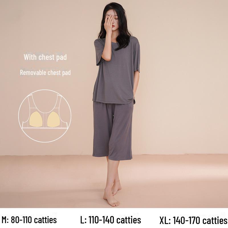 Women's Summer Short-Sleeve Modal Cotton Pajama Set with Chest Pad