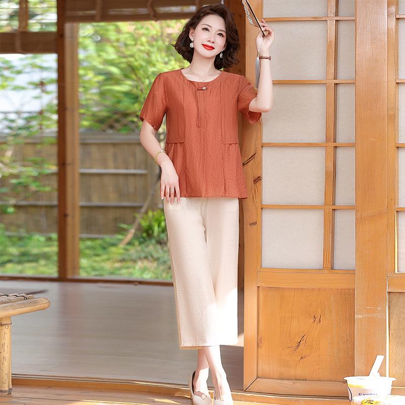 

Elegant Summer Cotton Linen Short Sleeve T-shirt & Two-Piece Set for Middle-aged and Elderly Women - New 2026 Style XL (100-110 Jin) помаранчевий