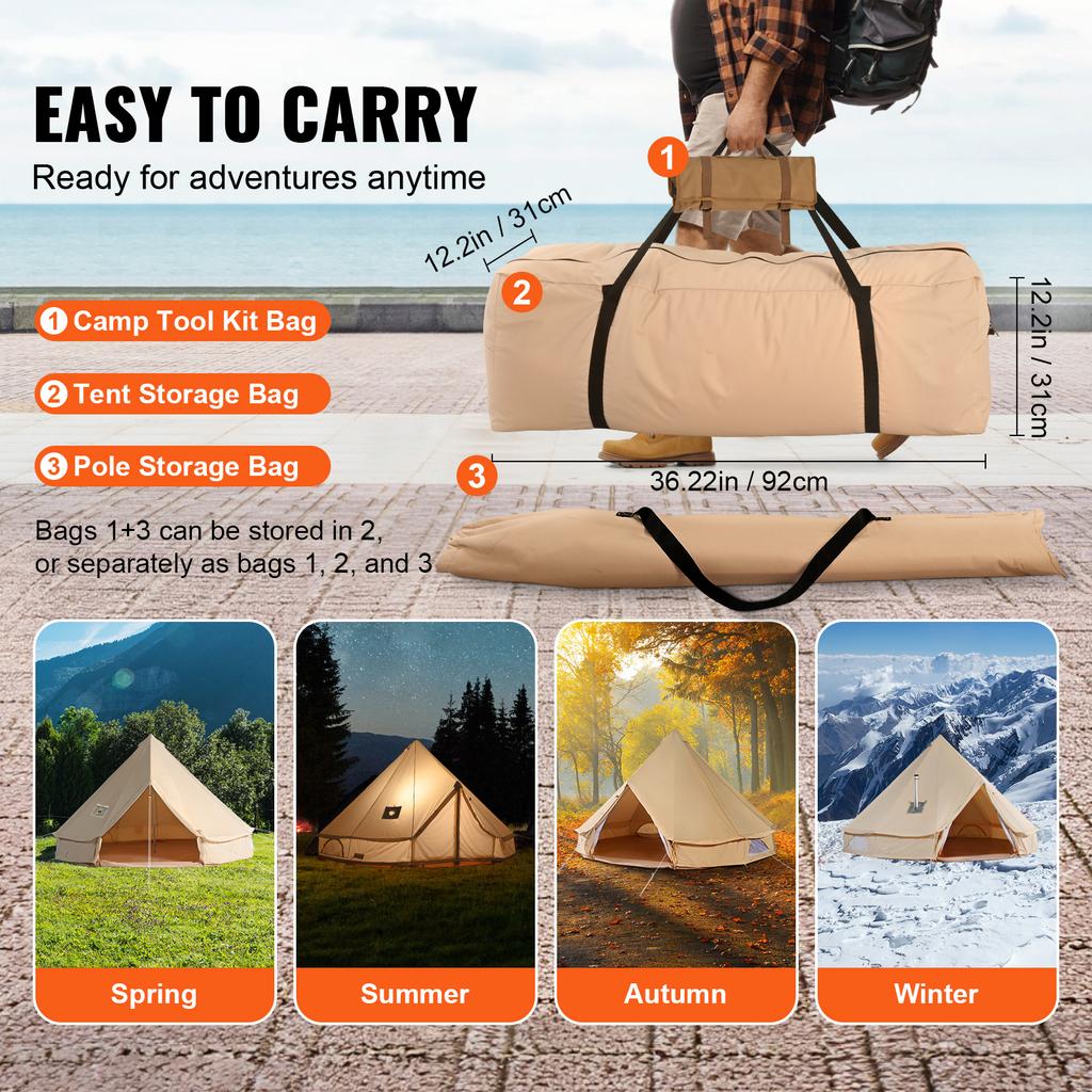 SucceBuy Canvas Bell Tent 4 Seasons 13.12 Ft Yurt Tent Canvas Tent for Camping with Stove Jack Breathable Tent Holds 6 People