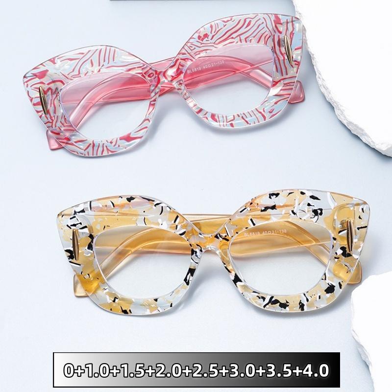Hd Anti-Blue Light Reading Glasses Fashionable Personality Cat Eye Large Frame Floral-Print Versatile Eye Protection 0 To +4.0