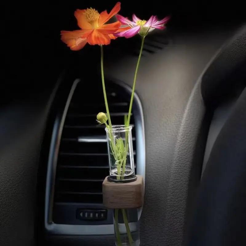 Simple  Wooden  Car Hydroponic Test Tube Flower Arrangement Plant Car Interior Vase Air Conditioning Outlet Decorative Band Clip