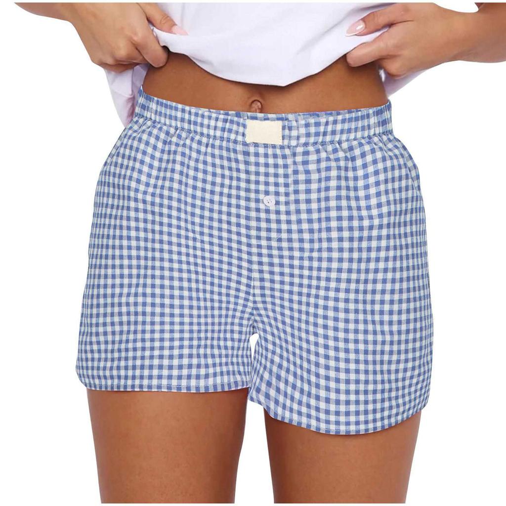 Shorts für Damen Teenager-Mädchen Elastischer Bund zum Überziehen Rot Blau Kariert Shorts Outfit Lässig Lounge Sommer-Shorts