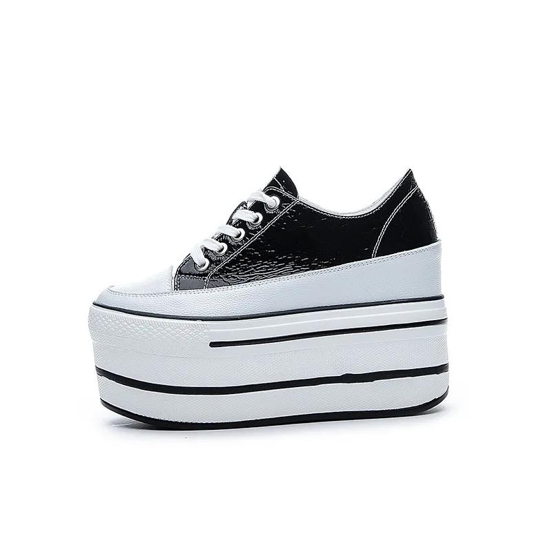 Mode 10cm Naturkuh Nähen Echtleder Plateau Keilabsatz Sneaker Klobig Bequem Herbst Frühling Damen Vulkanisierte Damenschuhe