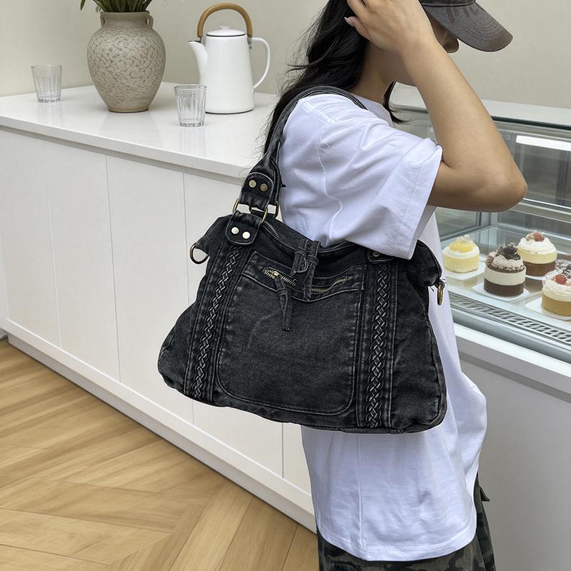 Vintage Denim Handbag with Braided Details Large Capacity Shoulder Crossbody Bag for Women