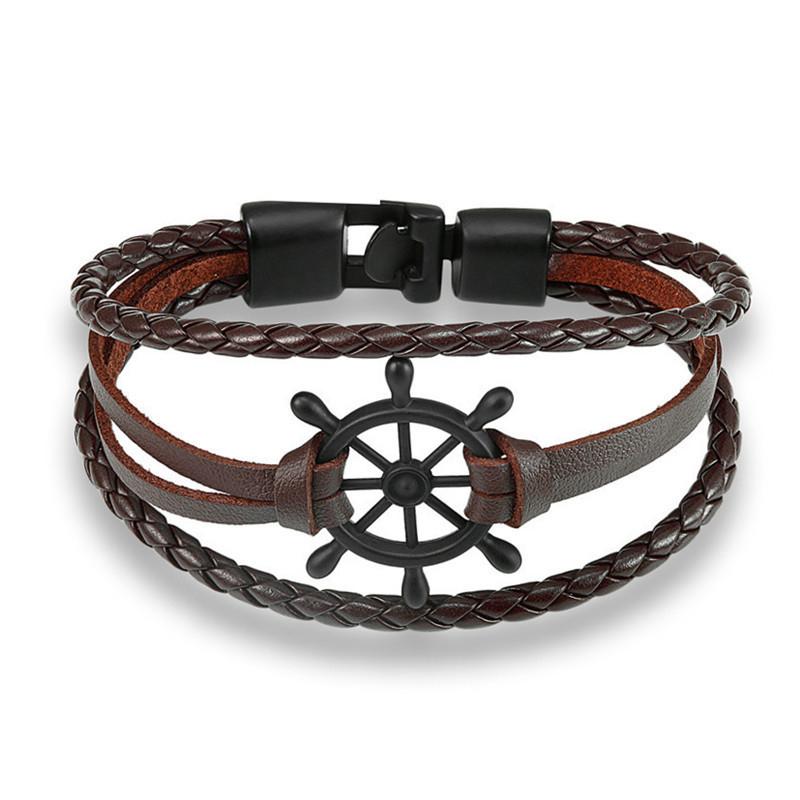 Fashion Retro Men's Ship Rudder Charm Bracelet Men's Multi Layer Leather Rope Chain Wrist Bracelet Ornaments Party Jewelry Gifts