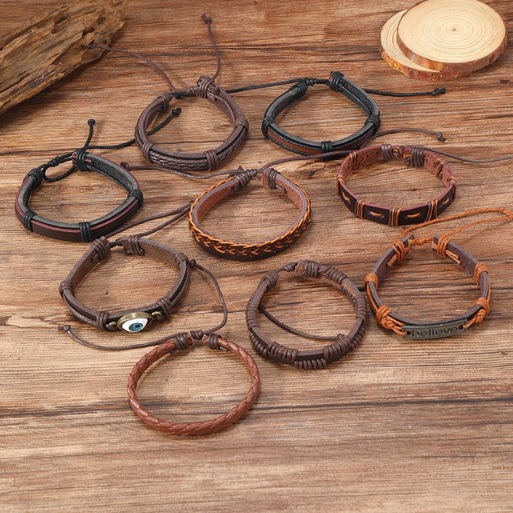Cross-border e-commerce explosion, retro style, tree of life, devil's eye, men's leather woven bracelet combination set