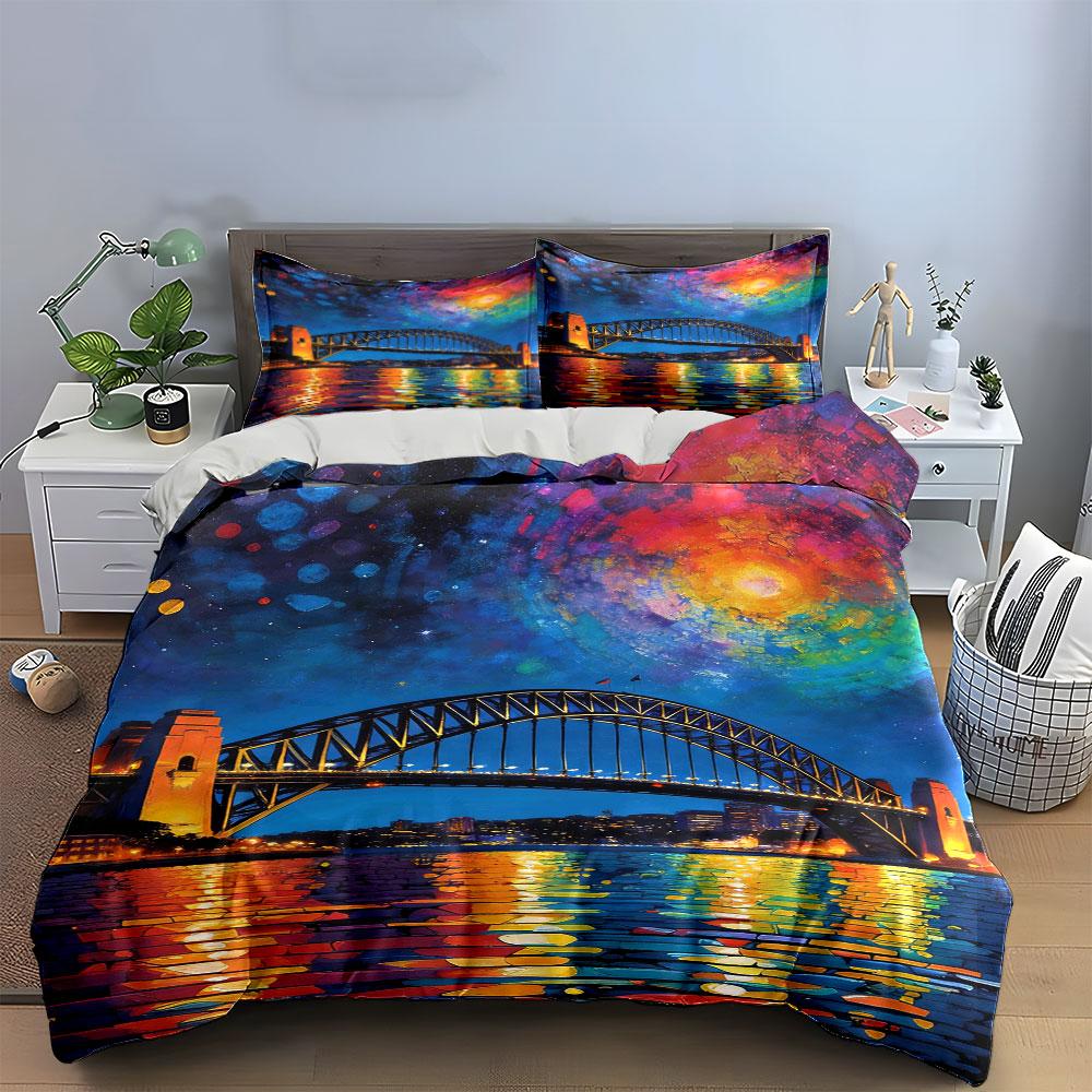 Bridge, Colorful Sky, Reflection. Bedding Sets Duvet Cover Sets Duvet Covers Pillowcases(1 * Duvet Cover 2 * Pillowcases Without Duvet Insert)