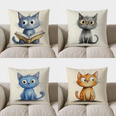 Home Decor Cute Blue Cat Reading Book Pillow Cover Pattern Cushion Cover Suitable For Sofa Bedroom Car Pillow Cover