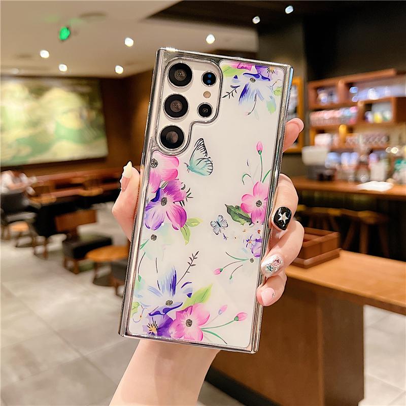 Bling Silver Frame Plating Flower Case For Samsung Galaxy A54 A34 A24 A14 A04S A53 A13 S23 Ultra S21 S22 Plus iPhone 13 14 Pro Max Soft TPU Cover