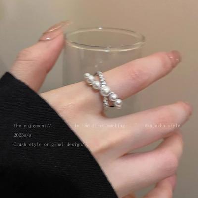 French Pearl Cross Design Ring for Women, Fashionable, Personalized, Versatile Index Finger Rings