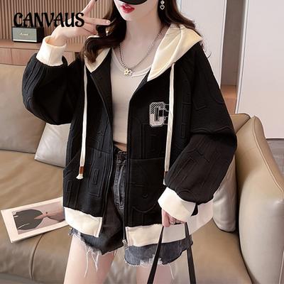 Outono feminino plus size com capuz solto colorblocked manga comprida jaqueta monogramada