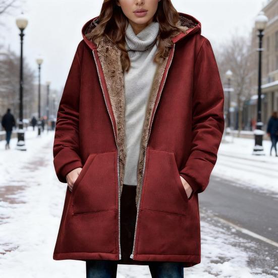 Women's Sherpa Lined Hooded Coat Casual Full Zip Up Long Coat Thicken Winter Warm Fleece Jacket with Pockets