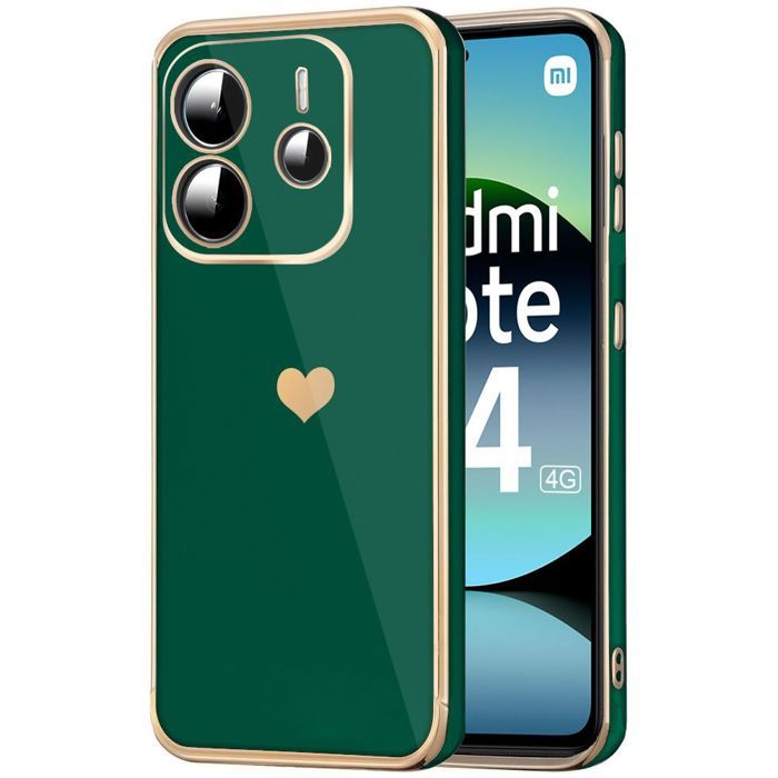 Coque de protection - E.F.CONNECTION - Pour Xiaomi Redmi Note 14 4G - Antichoc - Léger - Motif Cœur - Vert Nuit