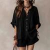 Women Summer Two Piece Outfit Casual Short Sleeve Button Down Shirt And Shorts Casual Lounge Sets with Pockets
