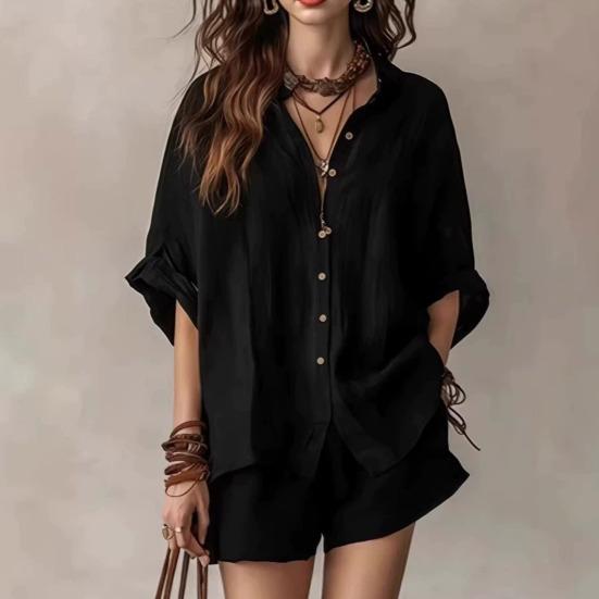 Women Summer Two Piece Outfit Casual Short Sleeve Button Down Shirt And Shorts Casual Lounge Sets with Pockets