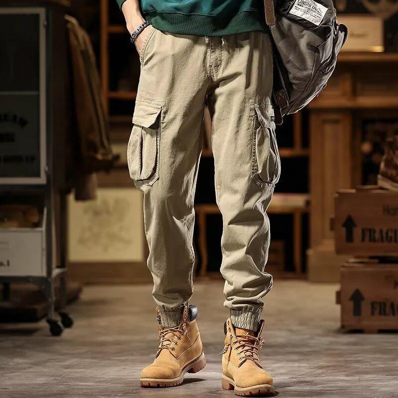 Men's Retro Skinny Cotton Overalls - Spring/Autumn, Wear-Resistant, Multi-Pocket Casual Pants