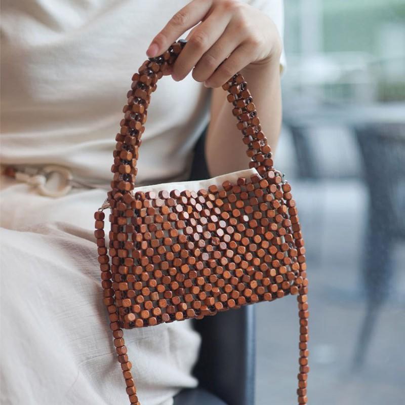 Handwoven Beaded Mini Square Tote Bag With Chain Strap Crossbody Shoulder Women Daily Street Style