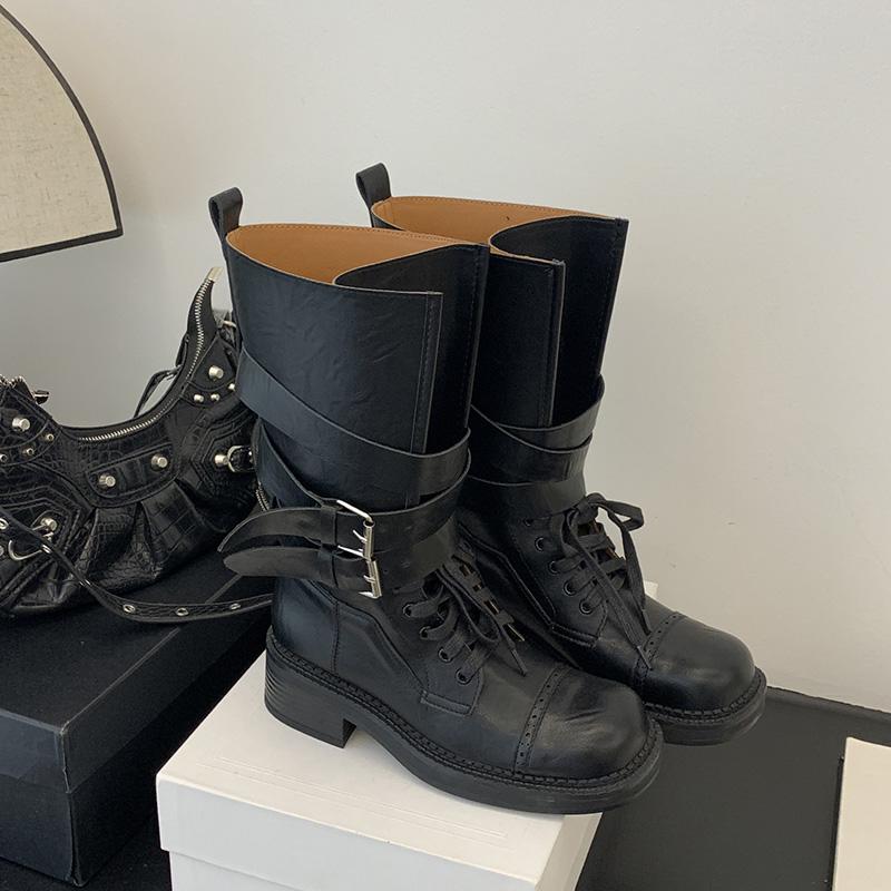 Fashion Designer Thick Heel Women Mid Calf Boots Fashion Ladies Belt Buckle Knight Booties botas de inverno feminina