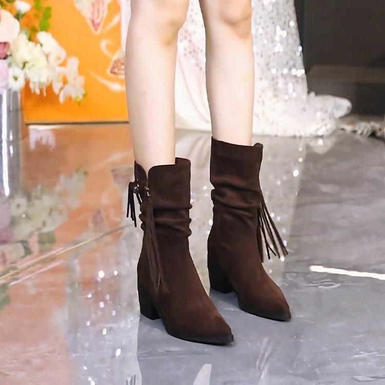 Pointed high-heeled short boots women's 2025 autumn and winter new fringed boots thick heel versatile stacking boots retro sleeve fashion boots