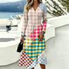 Women's Casual Color Block Plaid Print Long Sleeve V-Neck Dress with Pockets