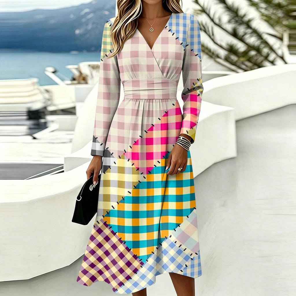 Women's Casual Color Block Plaid Print Long Sleeve V-Neck Dress with Pockets
