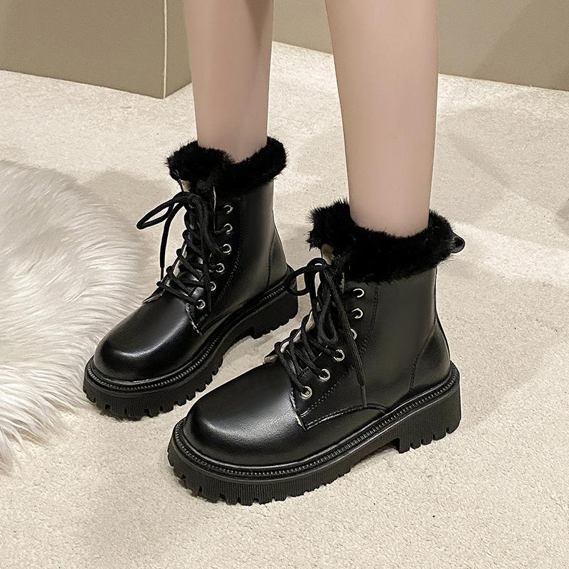 Fashion Snow Boots for Women Female Shoes Winter Footwear Boots-Women Plush Round Toe Flat Heel Leather Lolita Ladies Med 2024 Fur