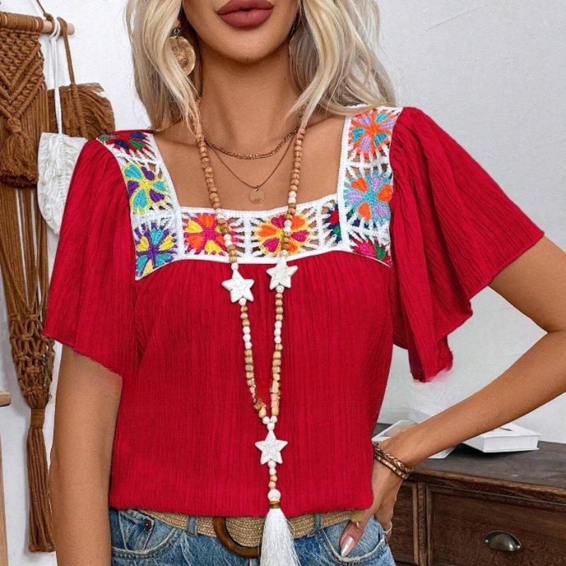 

Летние топы с квадратным вырезом, вязаные крючком, свободные кружевные рубашки, женская мода, элегантные, с коротким рукавом, женские повседневные блузки, облегающая однотонная рубашка для отпуска 26601 M красный