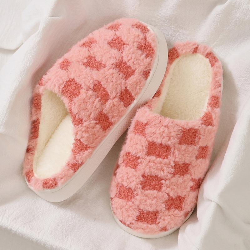Couple cotton slippers thick-bottomed plaid autumn and winter cute flat-bottomed slippers winter velvet confinement warm cotton shoes women