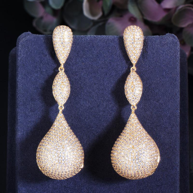 

Jewelry Micro-Inlaid Zircon Earrings Copper-Plated Three-Color Full Diamond Irregular Long Temperament Earrings