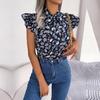 Damen Sommer Chiffon Bluse Floral Schnürung Schleife Holzohr Hemd