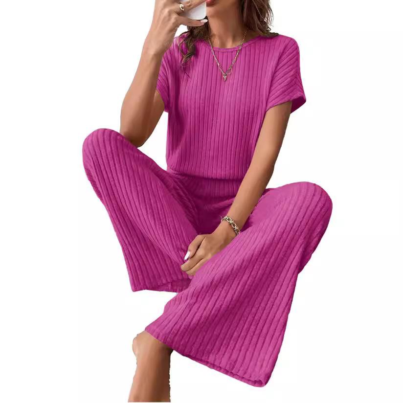 Traje de punto acanalado de estilo simple de pantalones largos para mujer, casual, camiseta de manga corta y pantalones holgados, conjuntos de 2 piezas, verano, otoño, conjunto de mujer