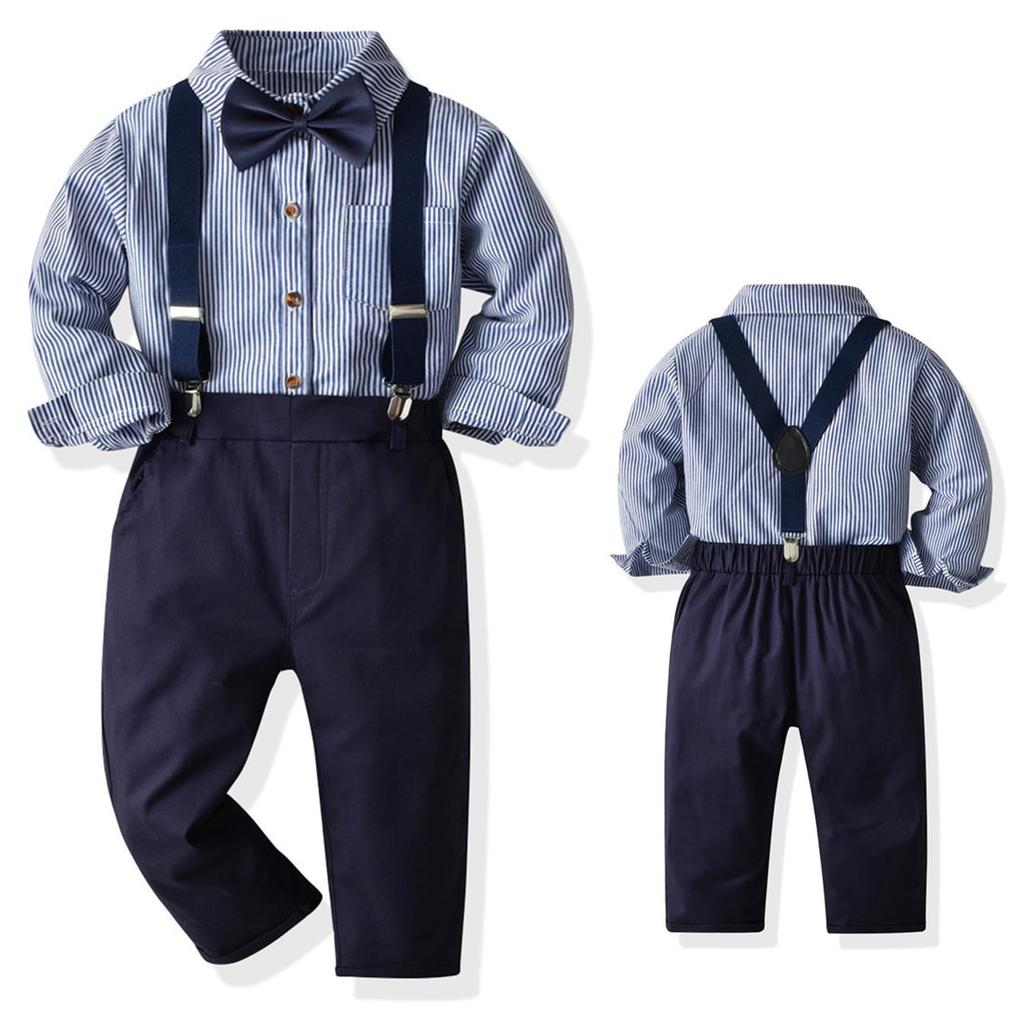 QOOLY Formal Suit Set Sleeve Bow Long and Perfect for Kindergarten Entrance and Size 130cm Boys' 4-Piece (Long Shirt, Tie, Pants, Suspenders) -