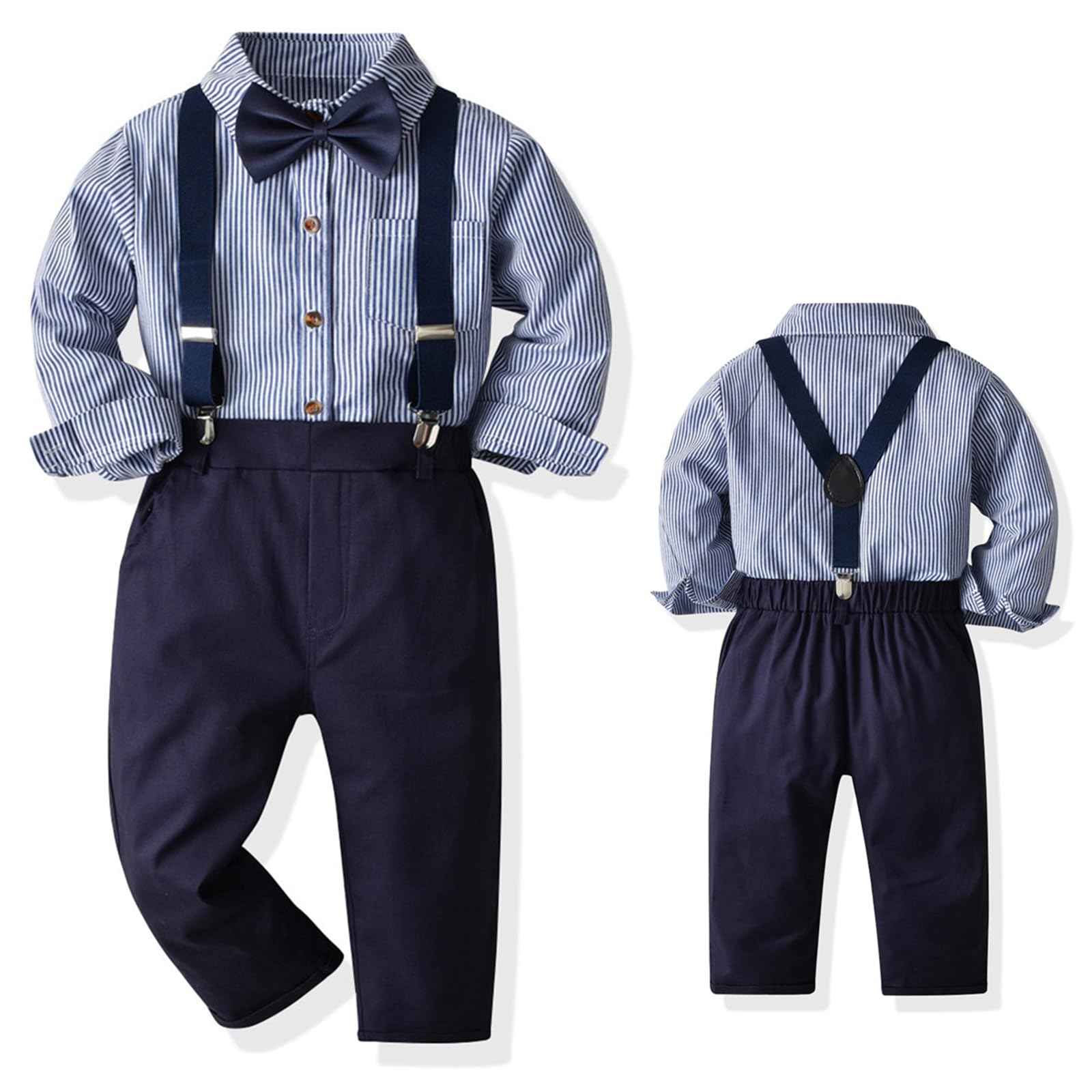 

QOOLY Formal Suit Set Sleeve Bow Long and Perfect for Kindergarten Entrance and Size 130cm Boys 4-Piece (Long Shirt, Tie, Pants, Suspenders) -
