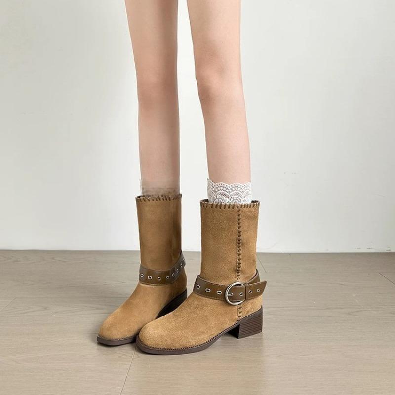 Block Heel Single Boots Women's Fashion Square Toe Suede Metal Buckle Car Stitch Anti-slip Wear-resistant Mid-tube Boots
