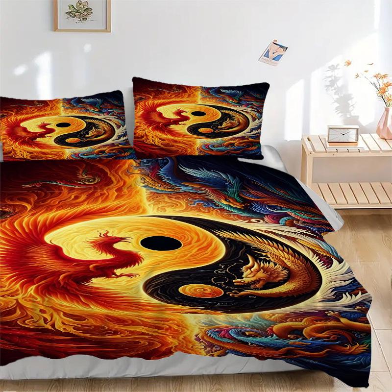 

3PCs Phoenix Yin Yang Symbol Design Cover Set, Breathable Fabric, Machine Washable (1 Duvet Cover + 2 Pillowcases) (Without Quilt) yy250911148 135x200cm